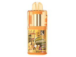 Orangefarbene Geekvape Kloud Einweg E-Zigarette mit transparentem Gehäuse und Rom-Motiv-Design.