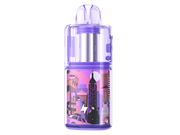 Lila GEEKVAPE Kloud Einweg E-Zigarette mit transparentem Gehäuse und buntem Stadt-Design.