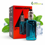 GeekVape Aegis Legend 5 E-Zigaretten Set in Glacier Green mit Verpackung, Minze und Eiswürfeln.