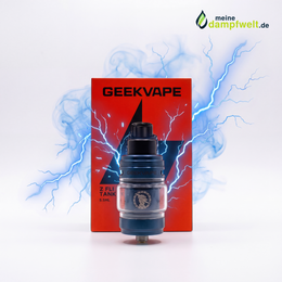 GeekVape Z Fli Clearomizer in Blau vor einer roten Verpackung mit blauen Blitzeffekten.