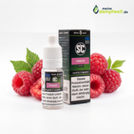 Himbeere E-Zigaretten Liquid von SC in einer 10ml Flasche mit Verpackung und frischen Himbeeren.