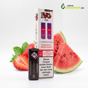 IVG AIR Pods in der Sorte Strawberry Watermelon mit frischen Erdbeeren und Wassermelonenstücken.
