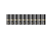 Zehn schwarze JustFog GLENT Filter Drip Tips mit goldenem Logo in einer Reihe angeordnet.