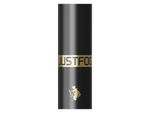 Ein einzelnes schwarzes JustFog GLENT Filter Drip Tip mit goldenem Logo und Schriftzug.