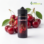 Kirschlolli Aroma Flasche mit Kirschgeschmack vor einem Hintergrund aus frischen Kirschen.
