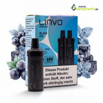 Linvo Pod Lite Cartridge Black Ice Packung mit zwei Pods, schwarzen Johannisbeeren und Eiswürfeln.