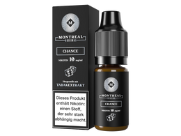 Montreal Original Chance Nikotinsalz Liquid in einer schwarzen Box und 10 ml Flasche.