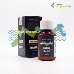 Overvape 100 ml nikotinfreie E-Zigaretten Basis 50PG/50VG in einer Braunglasflasche mit Umkarton.