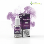 Overvape 10ml Nikotin Shot Flasche und Verpackung in Lila mit 20mg Nikotingehalt.