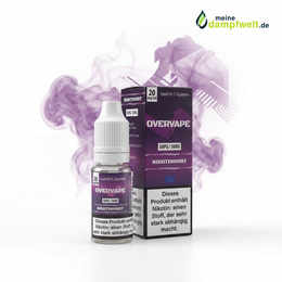 Overvape 10ml Nikotin Shot Flasche und Verpackung in Lila mit 20mg Nikotingehalt.
