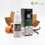 RY4 Tabak E-Zigaretten Liquid von SC mit Karamell, Vanille und Tabakblättern im Hintergrund.