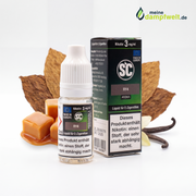 RY4 Tabak E-Zigaretten Liquid von SC mit Karamell, Vanille und Tabakblättern im Hintergrund.
