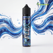 Revoltage FLEX Longfill-Aroma Energy Gum in einer 75 ml Mischflasche vor blauem Wellenhintergrund.