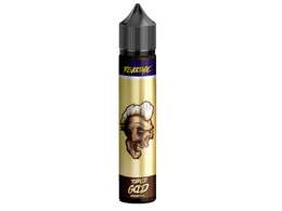 Revoltage Tobacco Gold Longfill Aroma in einer Flasche mit Totenkopf-Design auf goldenem Etikett.