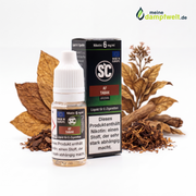SC AF Tabak E-Zigaretten Liquid in einer 10ml Flasche mit Verpackung vor Tabakblättern.