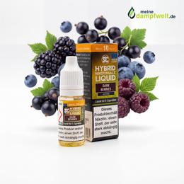 SC Dark Berries Hybrid Nikotinsalz Liquid Flasche und Packung umgeben von dunklen Beeren.