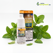 SC Hybrid Nikotinsalz Liquid Mix Mint in einer 10 ml Flasche mit Verpackung und Minzblättern.