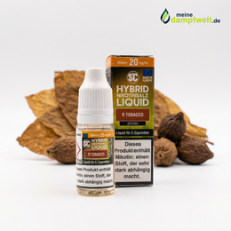 SC Hybrid Nikotinsalz Liquid R Tobacco Flasche und Verpackung vor Tabakblättern und Nüssen.