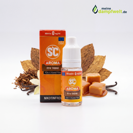 SC RY4 Tabak Aroma in einer 10 ml Flasche mit Verpackung vor Tabakblättern, Karamell und Vanille.