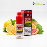SC Red Line Citrus Nikotinsalz Liquid Flasche und Verpackung vor einem Arrangement aus Zitrusfrüchten.