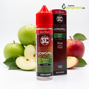 SC Red Line Double Apple Longfill Aroma Flasche und Verpackung vor frischen Äpfeln.