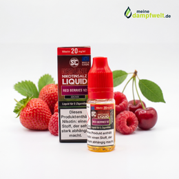 SC Red Line Red Berries V2 Nikotinsalz Liquid Flasche und Packung vor frischen roten Früchten.