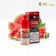 SC Red Line Watermelon Nikotinsalz Liquid Flasche und Packung vor frischen Wassermelonenstücken.