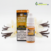 SC Vanilla Hybrid Nikotinsalz Liquid in einer 10ml Flasche mit Verpackung und Vanilleblüten.