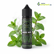 Salt Club Flavorist Maroc Mint Nikotinsalz Liquid Flasche vor frischen Minzblättern und Dampf.