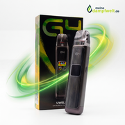 Uwell Caliburn G4 E-Zigaretten Set in Grau mit Verpackung und farbigem Display.
