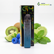 Uwell Caliburn G4 Mini E-Zigaretten Set in Blau vor Verpackung mit Früchten und Minze.