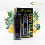 Uwell Typhos E-Zigaretten Set in Grau mit 6ml Pod vor einer Verpackung mit Mango-Motiv.