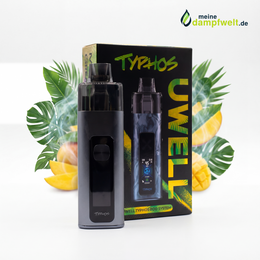 Uwell Typhos E-Zigaretten Set in Grau mit 6ml Pod vor einer Verpackung mit Mango-Motiv.