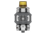 Uwell Valyrian IV Clearomizer aus Edelstahl und Glas mit gelbem Mundstück vor weißem Hintergrund.