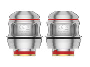 Zwei silberne Uwell Valyrian IV Verdampferköpfe mit roten Dichtungsringen und 0,18 Ohm Aufdruck.