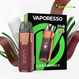 Vaporesso LUXE XR MAX 2 E-Zigaretten Set in Kupfer und Lederoptik vor einer Produktverpackung.