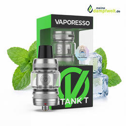 Vaporesso iTank T Clearomizer Set aus Edelstahl und Glas vor einer grün-schwarzen Verpackung.