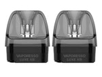 Zwei Vaporesso Luxe XR Pods mit schwarzem Boden und transparentem Oberteil.
