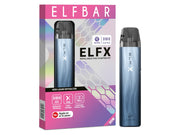 Elfbar Elfx E-Zigaretten Set in Blau mit Verpackung und technischen Details.