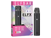 Elfbar Elfx E-Zigaretten Set in Schwarz mit Verpackung und technischen Details.