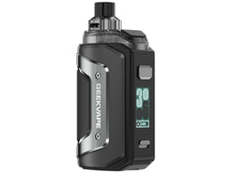 Grauer Geekvape E-Zigaretten Pod mit schwarzem Akzent und Display.