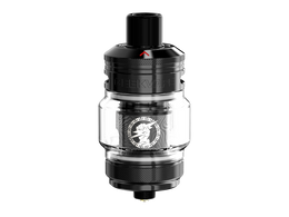 Schwarzer Geekvape Z Nano 3 Clearomizer aus Edelstahl und Glas mit Zeus-Logo auf dem Verdampferkopf.