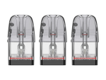Drei transparente Uwell Caliburn GPP Alpha Ersatzpods mit schwarzer Basis in einer Reihe.