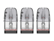 Drei transparente Uwell Caliburn GPP Alpha Ersatzpods mit schwarzer Basis in einer Reihe.