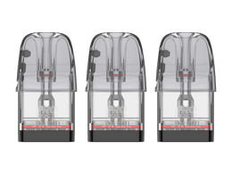 Drei transparente Uwell Caliburn GPP Alpha Ersatzpods mit schwarzer Basis in einer Reihe.