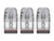Drei transparente Uwell Caliburn GPP Alpha Ersatzpods mit schwarzer Basis in einer Reihe.