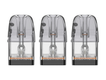 Drei transparente Uwell Caliburn GPP Alpha Ersatzpods mit schwarzer Basis in einer Reihe.