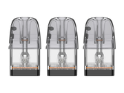 Drei transparente Uwell Caliburn GPP Alpha Ersatzpods mit schwarzer Basis in einer Reihe.