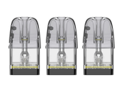 Drei transparente Uwell Caliburn GPP Alpha Ersatzpods mit schwarzer Basis in einer Reihe.