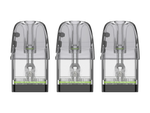Drei transparente Uwell Caliburn GPP Alpha Ersatzpods mit schwarzer Basis in einer Reihe.